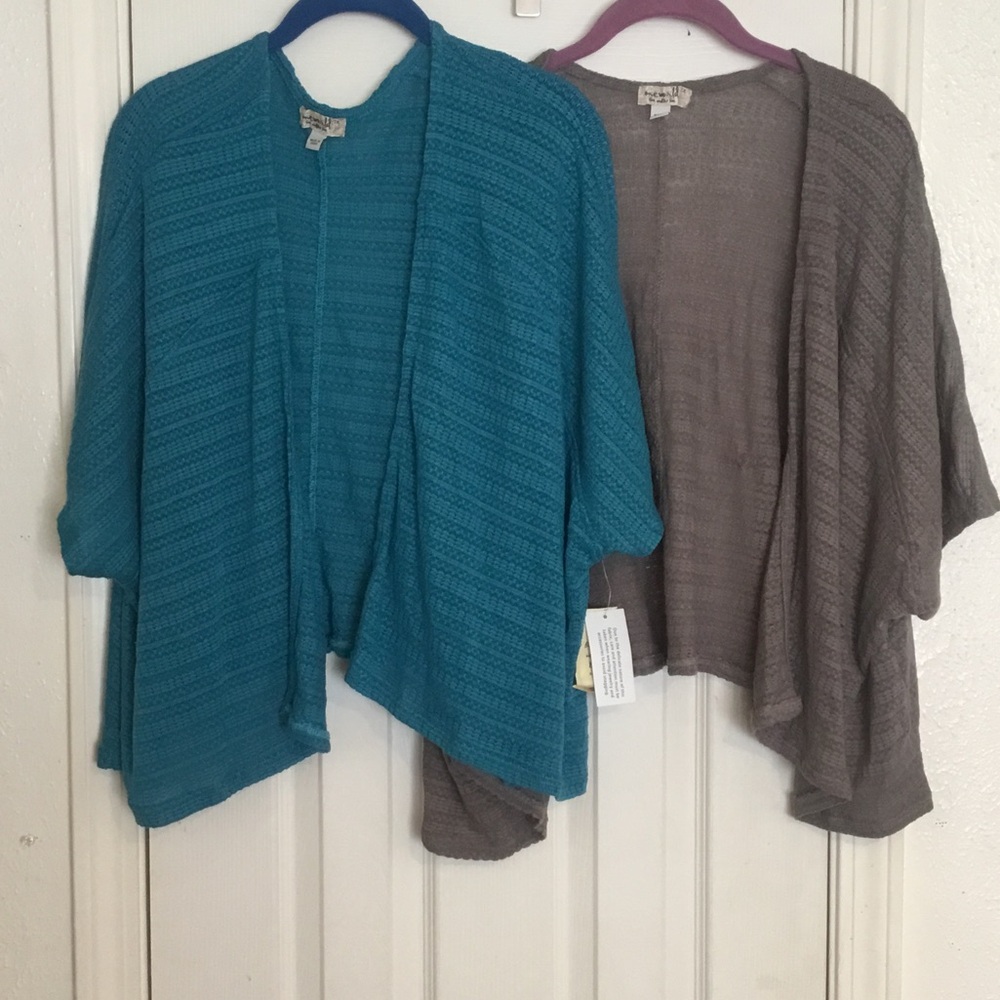 NWT One World Teal Open-Front Cascade Cropped Knit Cardigan